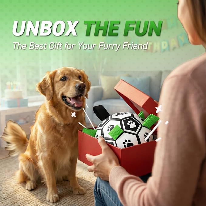 QDAN Dog Toys for Small Medium Puppy, Soccer Ball for Dogs with Straps, Dog Herding Balls, Birthday Toy Gifts, (Black Greem, 6 Inch)