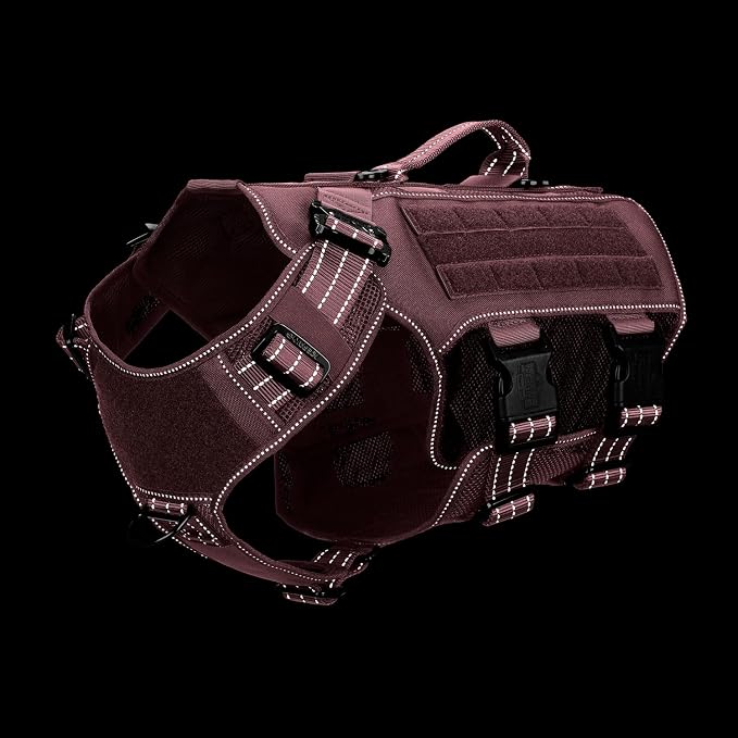 ICEFANG Tactical Mesh Dog Harness X-Large Dogs,Reflective Dog Molle Vest | Summer-Cooling, Control Handle,Adjustable,Front Hook,3 Leash Clips,Soft Padded,No Pull,Pink,X-Large
