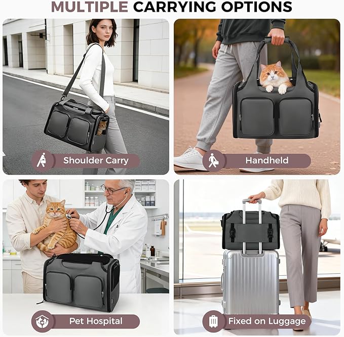 Dog, Cat Carrier for Pets Up to 12 Lbs, Airline Approved Collapsible Soft-Sided Pet Travel Bag with Locking Zippers, Breathable Mesh and 4 Large Pockets, Removable Fleece Pad (Dark Grey)
