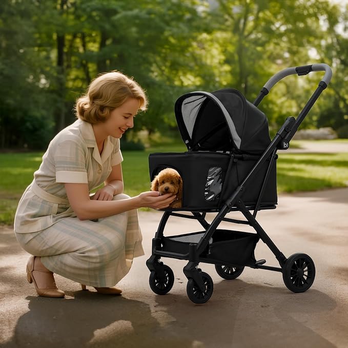 Babyboat Portable Dog Stroller for Small Dogs Cats Up to 35 Lbs - Black | One Hand Folding Compact Travel Pet Stroller with Convertible Canopy, Storage Basket, Cup Holder