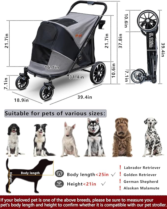 Dog Stroller for Large & Medium Dogs, Pet Stroller for 2 Dogs | 360° Wear-Resistant Wheels • Foldable Design • Breathable Mesh Windows • Heavy-Duty Construction • Fits 2 Dogs