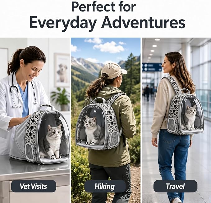 Expandable Cat Carrier Backpack for Cats & Dogs, Bubble Window Pet Travel Backpack with Breathable Mesh, Anti-Collapse Structure, Side Door, for Vet Visits, Hiking, Black and White Animal