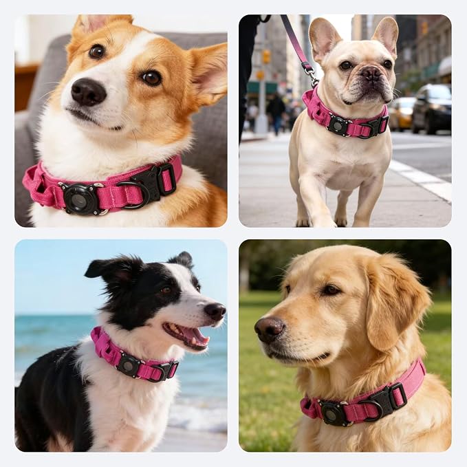 AirTag Dog Collar for Large Dogs Tactical Dog Collar with AirTag Holder | Upgrade Waterproof,Control Handle,Quick-Release Metal Buckle,1000D Nylon Fabric,Soft-Padded Webbing,Velcro Patch(Rose Red,M)