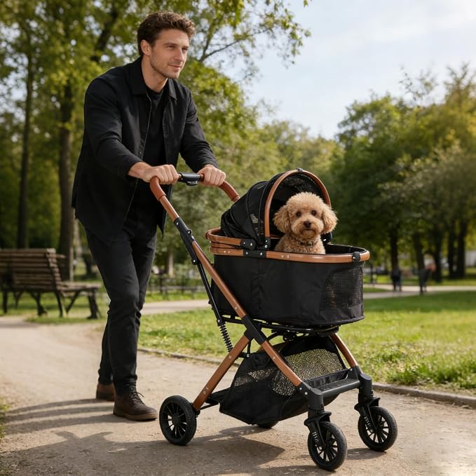 Lightweight Small Pet Stroller for Dogs & Cats, 50 Lbs Capacity Aluminum Alloy Puppy Stroller with Detachable Storage Basket