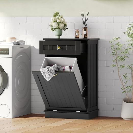 10 Gallon Tilt Out Trash Can Cabinet with Drawer Hidden Trash Cabinet Black | Cabinet with Drawers for Kitchen, Bathroom and Laundry Room