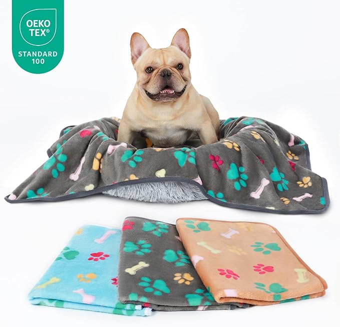 Luciphia 1 Pack 3 Blankets Fluffy Premium Fleece Pet Blanket Flannel Paw Printed Throw for Dog Cat(Small 23x16'', Grey/Brown/Blue)
