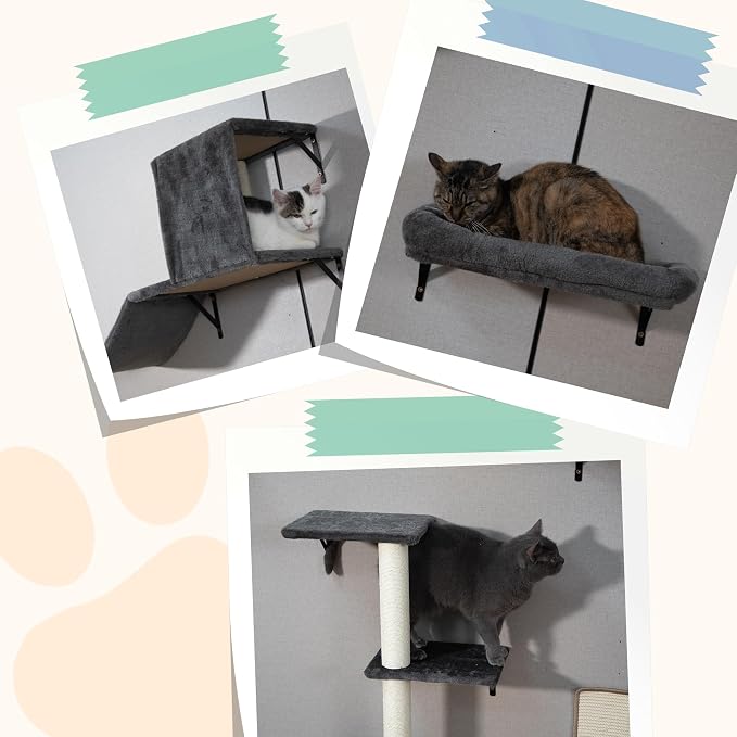 5 Pcs Wooden Indoor Cat Climber - Wall-Mounted Shelves, Perches, Scratching Board, Cat Ladder & Cat Tree - Grey