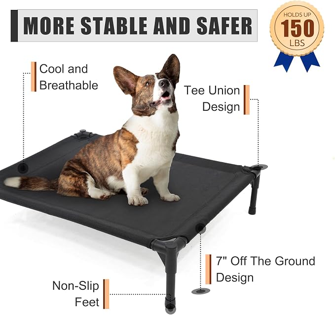 Garnpet Elevated Dog Bed for Large Dogs, Raised Dog Cot Fits Up to 120 LBs, Heavy Duty Pet Cots with Durable Supportive Teslin Recyclable Washable Mesh, Indoor & Outdoor Pet Bed, Brown