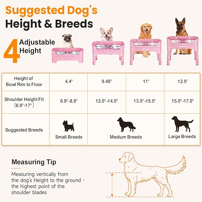 URPOWER Elevated Dog Bowls, 3-in-1 Double Deck Raised Dog Bowl Stand | 4 Height Adjustable Raised Stand with 2 Stainless Steel Food Bowls & Licking Plate for Small, Medium & Large Dogs