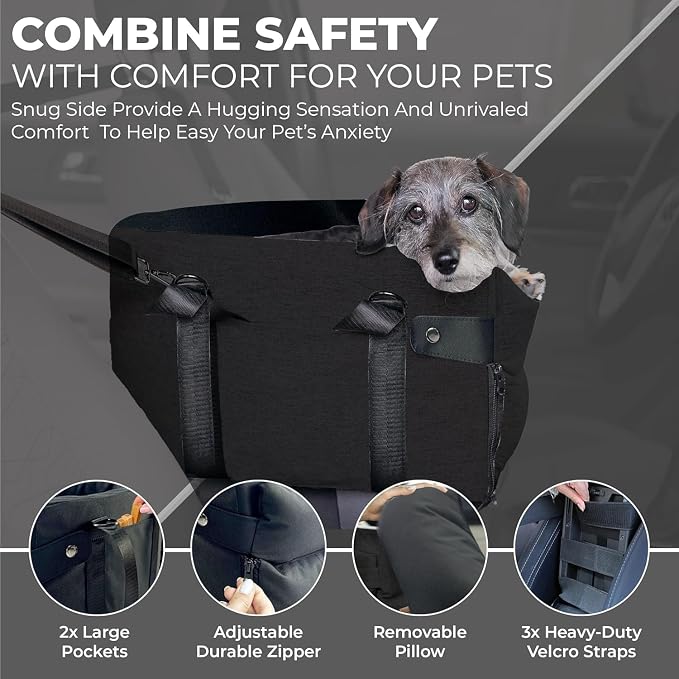 Center Console Dog Car Seat for Small Dogs and Puppies 5-13Lbs, Ideal Armrest Booster Car Travel Seat with Safety Protection Seat Belts, Storage Pockets - Reduces Anxiety (Black)