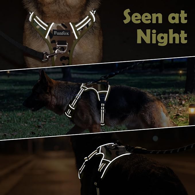 Dog Harness No Pull, Adjustable Pet Vest Harness, Super Soft Material with Vertical Handle Easy Control, Reflective Night Walking, 2 Leash Clips for Medium Sized Dogs, Camo Green, M