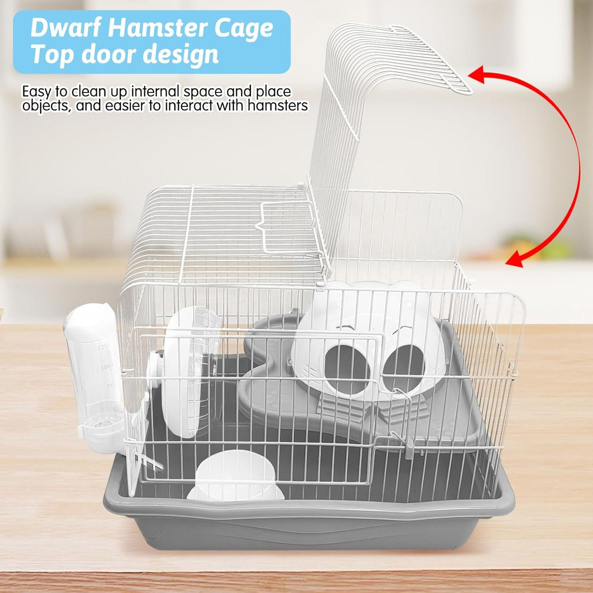 PINVNBY Dwarf Hamster Cage, Small Animal Cages, 2-Tier Travel Portable Mouse Cage Hamster Carrier with Castle House Running Exercise Wheels, Water Bottle and Food Dis(Gray)