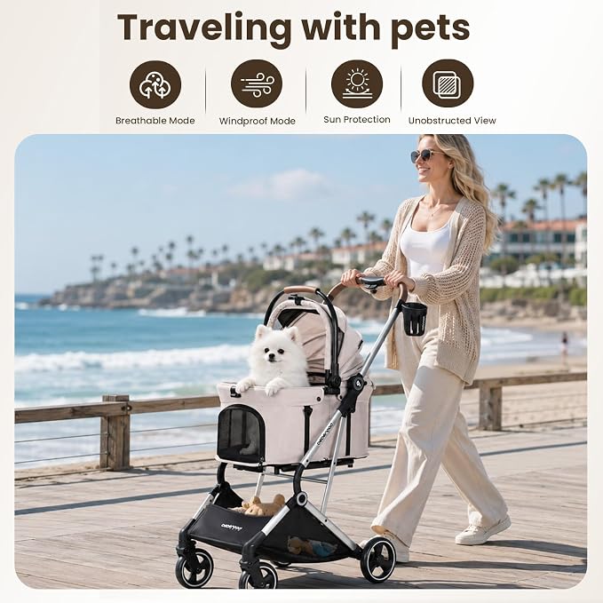 T3 Pro Small Dog Stroller (Beige) | Detachable Carrier, Aluminum Alloy Frame, Easy Assembly, Easy to Store, Larger Rear Wheel, Large Storage Basket