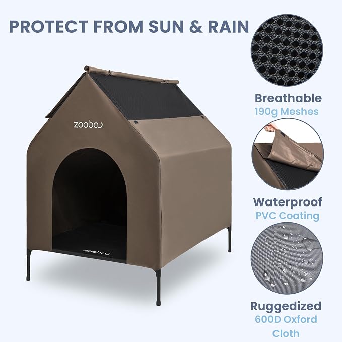 Zooba 36in Large Dog House Outdoor, Elevated Dog Bed with Canopy, Brown | Weather-resistant 600D PVC canopy, breathable 2x1 Textilene elevated bed, steel frame; indoor or outdoor; easy to clean