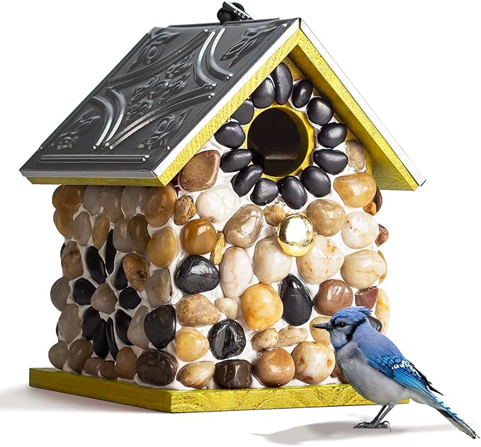 Masterpiece Bluebird Bird House for Outside Clearance, River Pebbles Cedar Bird House Bird Feeder for Outdoor, Hanging Birdhouse for Outside, Pole Mountable Birdhouse, 10 Yrs Lasting (Yellow)