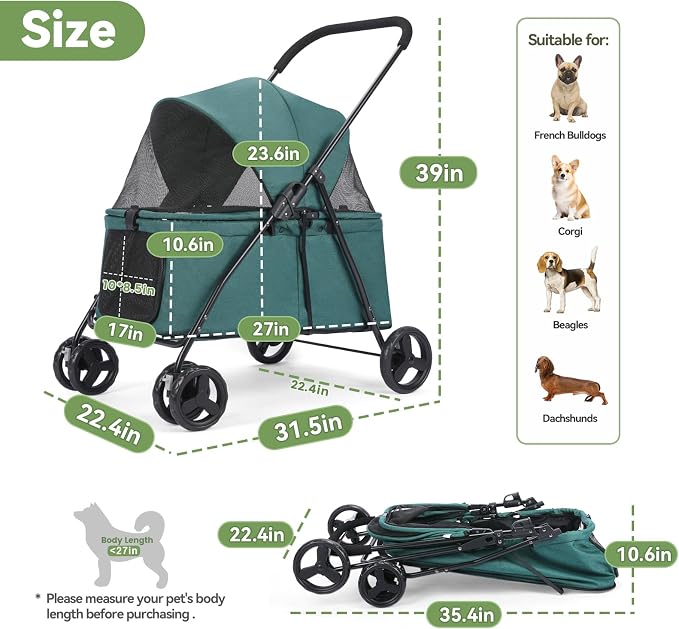 20% Larger Capacity, Wedyvko Dog Stroller for Medium/Small Pets w/Dog Poop Bags & Dispenser, Storage Pouch, Zipperless, Entry in/Out Easy (Dark Green)