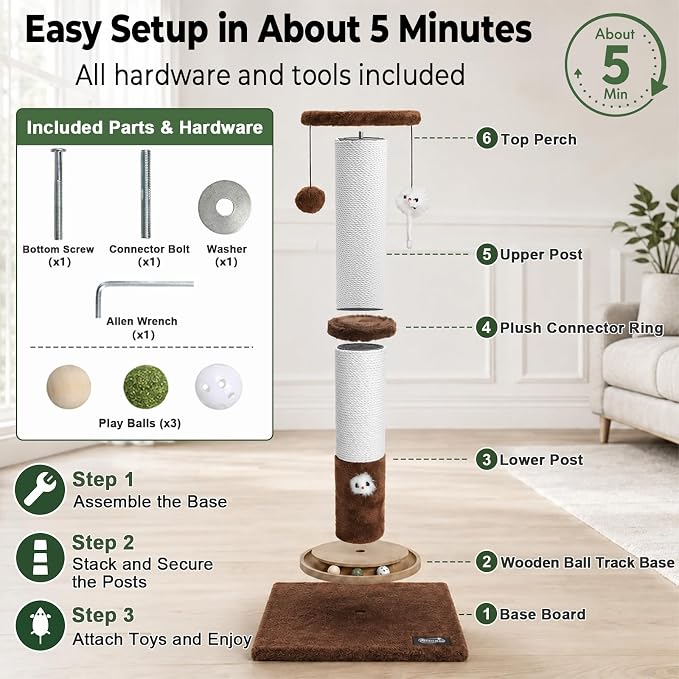 35-Inch Tall Cat Scratching Post, Stable Base for Large Cats, Brown | Heavy-Duty, Soft Natural Cotton Rope Cat Scratcher, Interactive Cat Toys, Wooden Ball Track, for Kittens and Indoor Cats