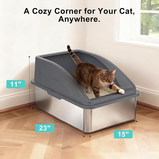 AIPERRO Stainless Steel Litter Box | XL Enclosed Cat Litter Boxs with Lid for Big Cats | High Sided, Anti-Urine Leakage | Non-Stick Bottom & Includes Scoop