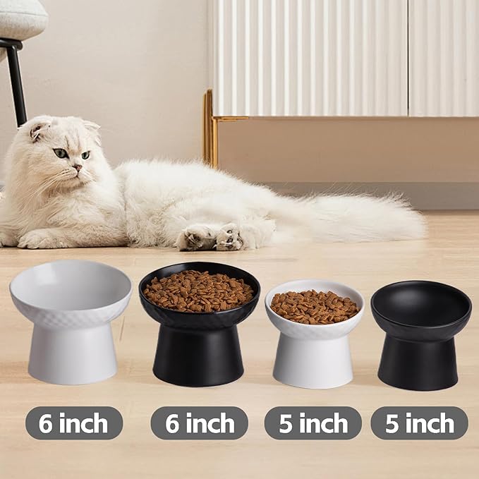 Elevated Cat Bowls, 15° Tilted Ceramic Raised Cat Food and Water Bowl Set, Whisker-Friendly Porcelain Pet Feeder Dishes for Indoor Cats and Small Dogs,Black,6.2 Inch,2 Pack