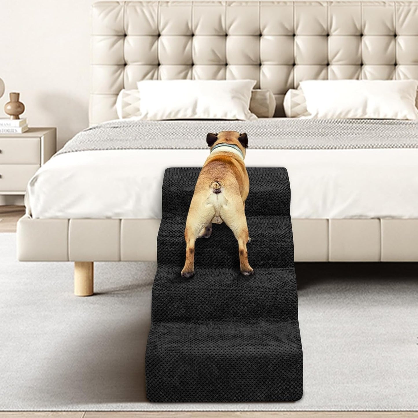 Dog Stairs for Small Dogs - High Density Foam Pet Steps, Extra Wide Dog Ramp with Non-Slip Bottom for High Beds, Couch and Sofa, Best for Dogs Injured, Older Doggy Cats, 4 Steps, Black