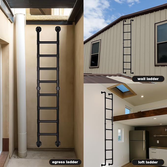 Black 7-Step Wall Mounted Ladder, 7FT Steel Egress Window Well & Loft Ladder for Attic Basement Gym – Wall/Floor-Mounted Indoor Climb for Small Spaces & Storage Access