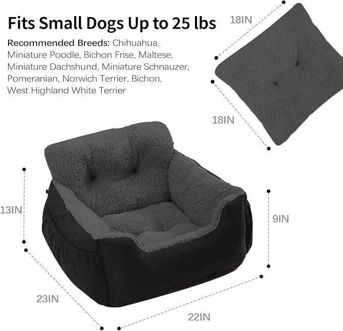 Oiilores Dog Car Seat for Small Dogs,Washable Pet Booster Seats for Car with Clip-On Safty Leash, Reversible Puppy Carseat with Storage Pockets, Travel Carrier Bed for Dogs Under 25 lbs, Dark Grey
