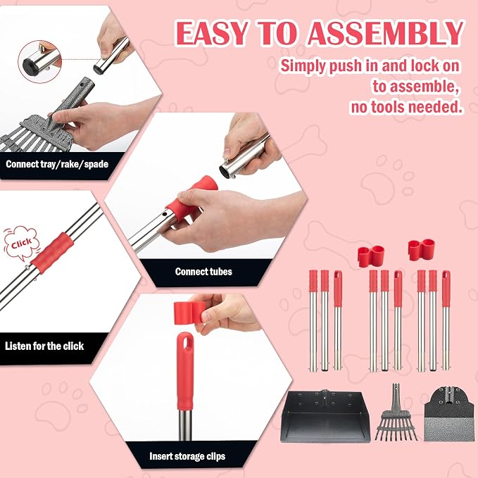 FUSBUNTY Dog Pooper Scooper Set, Pooper Scooper for Dog, Heavy Duty Stainless Steel Rake with Extra Large Tray & Spade No Bending Clean Up for Pet Waste Removal, for Grass, Dirt Or Gravel.