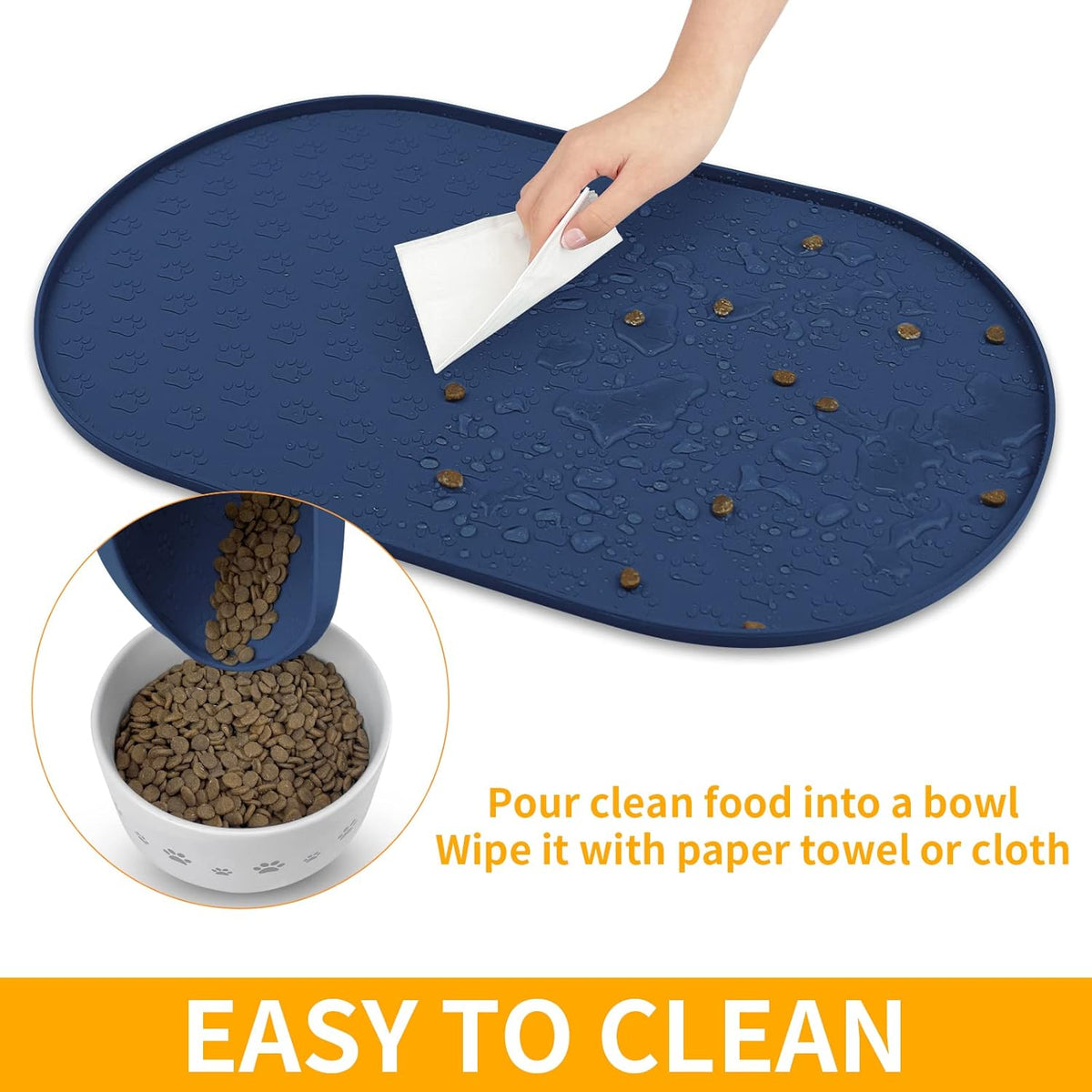 KPWACD Pet Placemat for Dog and Cat, Anti-Slip Waterproof Dogs Feeding Bowl Mat Prevent Food and Water Overflow, Silicone Puppy Dish Mats Suitable for Small Medium Big Pets, Navy, 24" * 16"