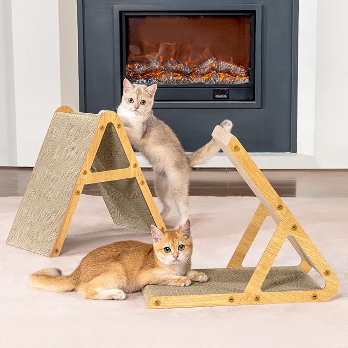 Conlun A-Frame Cat Scratching Board, Recycled Cardboard & Wood Frame, Dual-Sided Vertical Horizontal Cat Scratcher for Indoor Kittens, Ideal for Multiple Cats- 2 Pack, Light Wood, Small