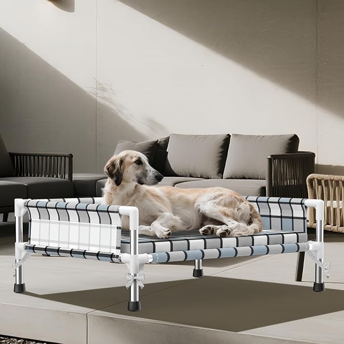 Elevated Dog Bed with with Guardrail & Cushion, Raised 3-Fence Dog Bed | Breathable Lifted Stainless Steel Frame Dog Hammock Bed with Mat for All Pets, Cooling Washable Dog Cot
