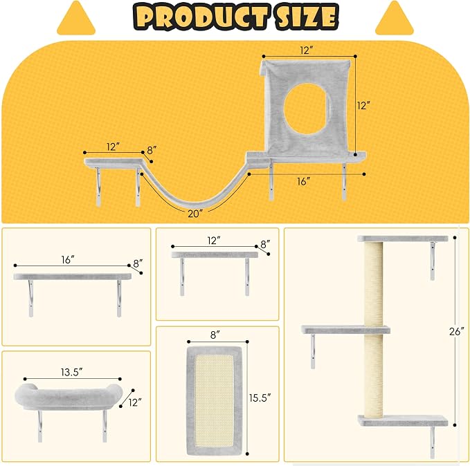 12-in-1 Cat Wall Shelves, Wall Mounted Cat Climber with Condo House, Scratching Post, Bridge Ladder, Space-Saving Indoor Play Furniture for Kittens, Gray