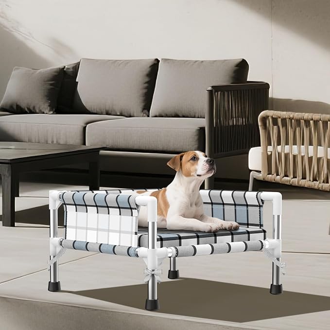 Elevated Dog Bed with with Guardrail & Cushion, Raised 3-Fence Dog Bed | Breathable Lifted Stainless Steel Frame Dog Hammock Bed with Mat for Small Pets, Cooling Washable Dog Cot