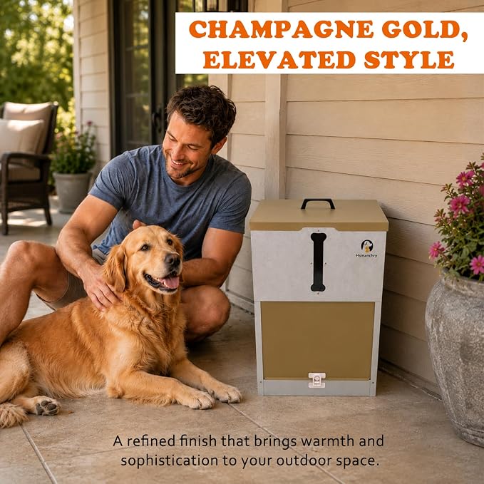 60 lb Automatic Dog Feeder Outdoor Gravity Feeder for Large Dogs | Easy food-level checks, simple latch closure, wall or fence mounting, champagne-gold finish
