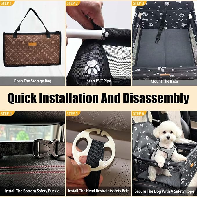 Pet Dog Booster Seat, Upgrading the Framed wall to Prevent Collapse,Breathable and Foldable Pet Car Basket,Removable andWashable pet car seat (Black Footprints)