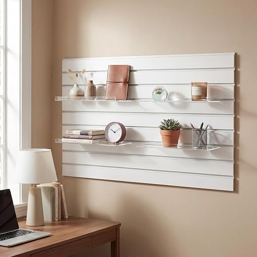 Yalikop 4 Pcs Slatwall Shelves Clear Acrylic Slatwall Shelves Organizer Wall Mounted Hanging Accessories Plastic Panel Display Shelf for Retail Store Boutique Garage Home(No Fence Style,12 x 5 Inch)