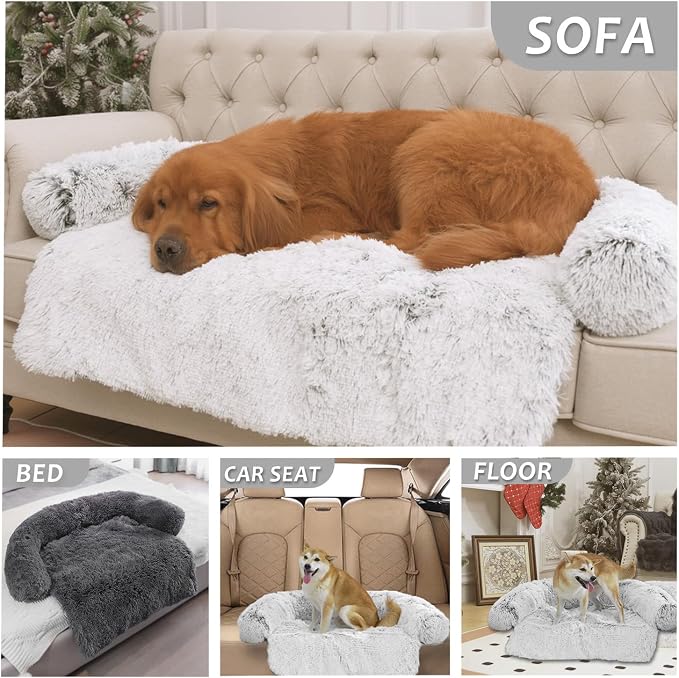 Calming Dogs/Cats Bed Mats, Dog Pad Washable Removable Couch Cover, Plush Long Fur Mat for Pets, Waterproof Lining, Perfect for Small, Medium and Large Dogs and Cats (Gradient Gray, 36"x31")