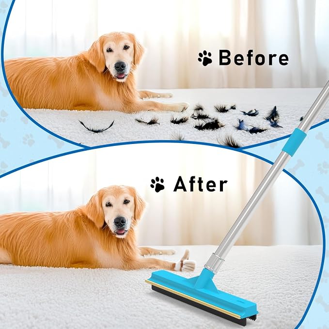 Upgraded Carpet Rake for Pet Hair Removal,2PCS Reusable Pet Hair Remover with 56” Adjustable Long Handle, 3 in 1 Rubber Broom and Carpet Brush Scraper for Rugs, Mats, Couch, Furniture
