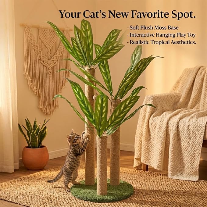 LEMONDA 31.5Inch Cat Scratching Post,Cat Scratcher Tree with 3 Scratching Poles & 2 Interactive Dangling Balls,Cats Scratching Posts for Indoor Kitten & Adult Cats