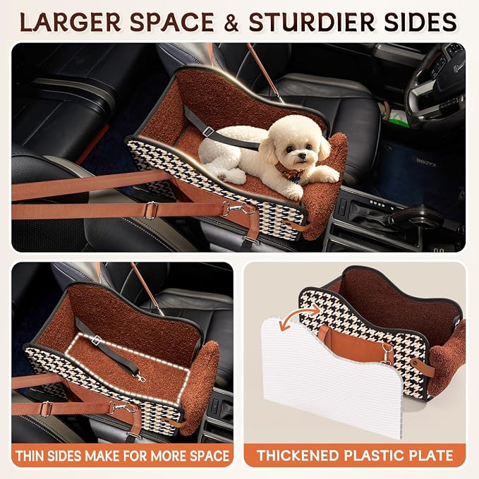 TKYZ Center Console Dog Car Seat for Small Dogs,for Car/SUV/Small Truck | Soft Pillow,Double fixation,Scratch-Resistant Fabric,Pet Booster with Safety Belt,Puppy Car Seat for Small Dogs 0-11 lbs