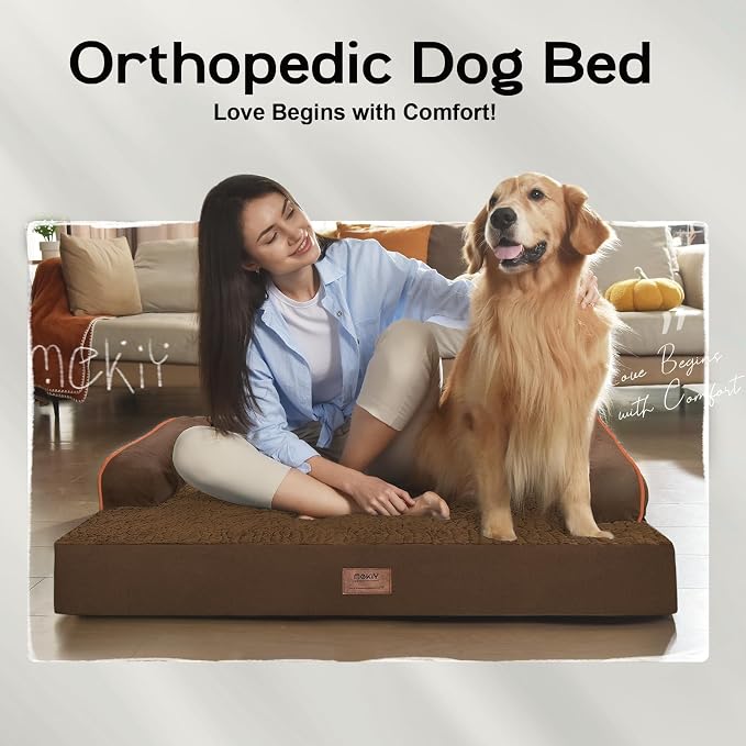 Orthopedic Waterproof Dog Bed with Bolster for Extra Large Size Dogs | Pillow Support for Neck Relief, Egg Crate Foam, Waterproof Liner, Anti-Slip Bottom, Removable Bolster Cover, 48 x 33 Inch