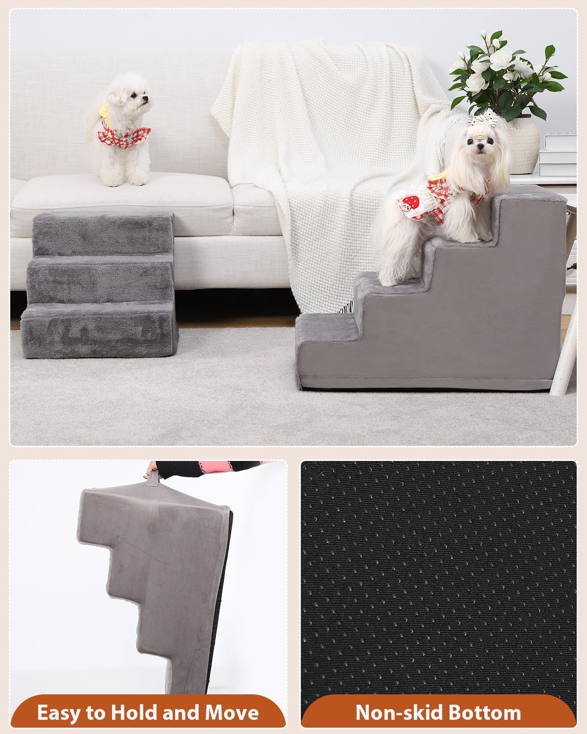 Dog Stairs for Small Dogs,13" 3-Step Pet Stairs for Couches,Dog Steps with Non-Slip Bottom and Removable Cover Indoor Outdoor,Grey