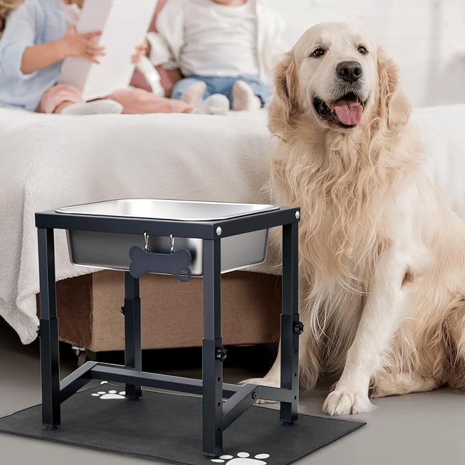 2 Gallon Elevated Large Dog Water Bowl, 4 Adjustable Height 10.5-15.8'' Raised Stainless Steel Bowl Stand with Anti-Slip Mat for Large Breed, Metal Dog Feeding Station for Relief Joint Pressure