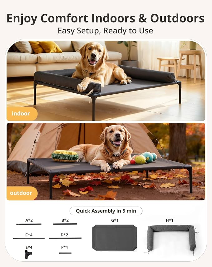 Cooling Elevated Dog Bed, 30x41.8 Raised Dog Bed with Removable Bolster Cushion, Breathable Mesh, Non-Slip Feet, and Metal Frame for Large Breeds Indoor Outdoor | Raised Dog Bed with Removable Bolster Cushion, Sturdy Metal Frame, Non-Slip Feet, for Lar...