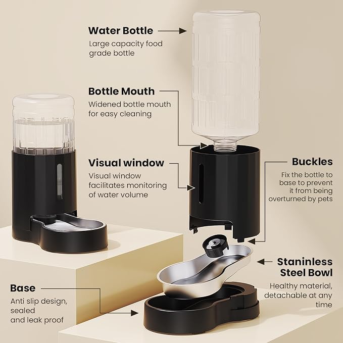 CZPET Elevated Dog Water Bowl Dispenser for Large Dogs (8L+Stand, Black) | With Stainless Steel Bowl Gravity Waterer, Large Capacity and Drinking Area Noise-Free for Pets