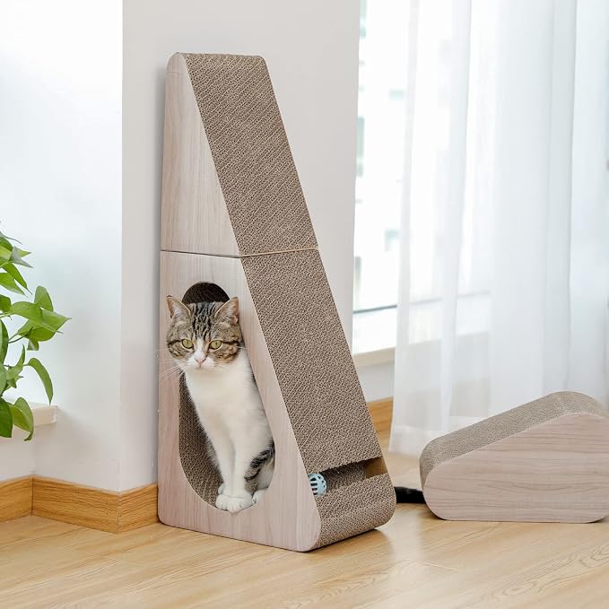 PAWZ Road 28.3" Cardboard Cat Scratcher Triangle 2 in 1 Cat Scratching Ramp | Incline Cat Scratching Pad,Cardboard Scratching Post Double as Cat Tunnel Scratcher with Interactive Toy Balls for Indoor Cat