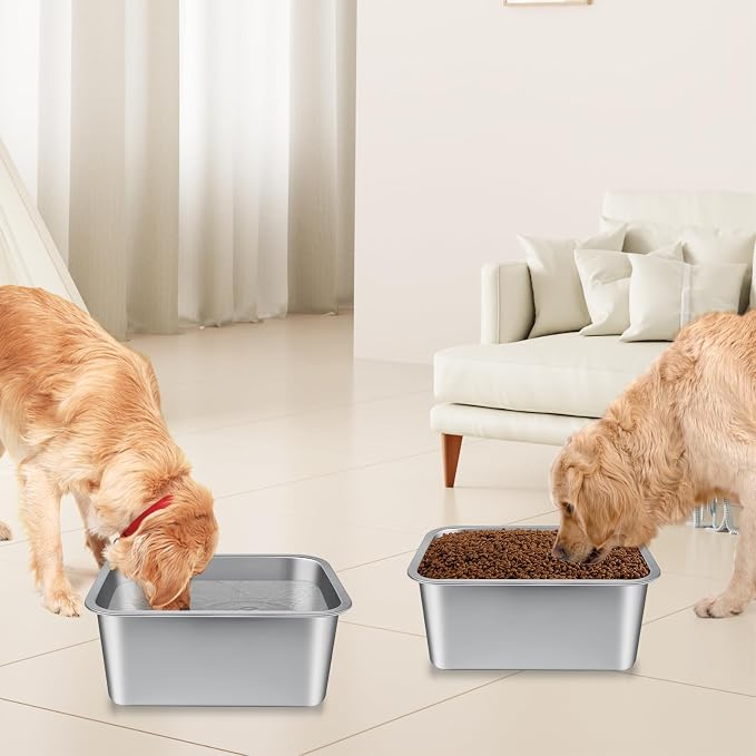 Bwogue Extra Large Dog Water Bowl, 3 Gallons, Stainless Steel, Durable, High Capacity, Rectangular Structure, Strong Stability, Easy to Clean | 2 PCS Large Dog Water Bowl, Large Water Bowl for Dogs, Wide Deep Bowl, Rectangular Shape, Easy to Clean, Ind...