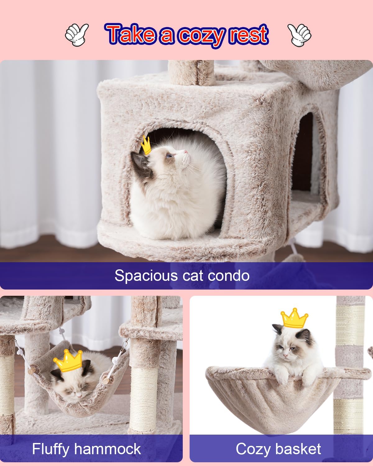 Cat Tree, Cat Tower for Large Cats with 2 Big Platforms, 2 Baskets, condo and Toys, 63" Cat Scratching Posts for Indoor Cats, Muchroom GCT020MU