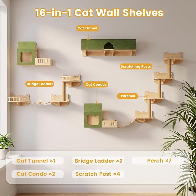 16-in-1 Cat Wall Shelves, Solid Pine Wood Cat Climbing System with Tunnel, Perch, Bridge, Condo and Sisal Scratching Post, Indoor Wall-Mounted Furniture for Cats
