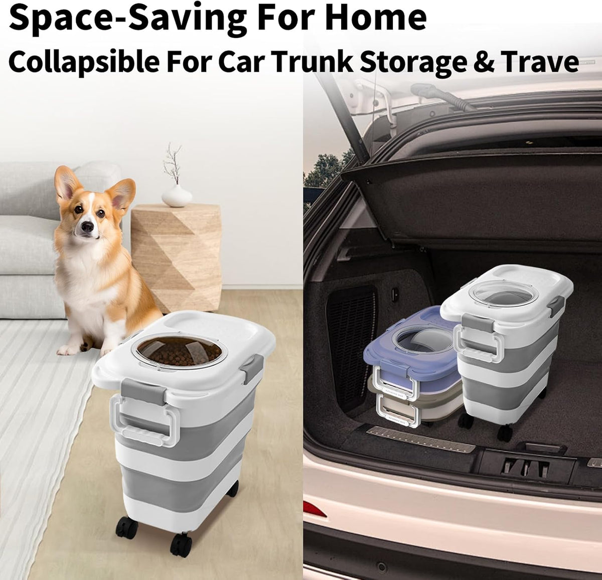 25 Lbs Dog Food Storage Container 2PCS, Collapsible Dog Food Container with Scoop for Pet/Dog/Cat/Bird Food,Keep Dry Food Fresh,Easy to Move(Black & White)