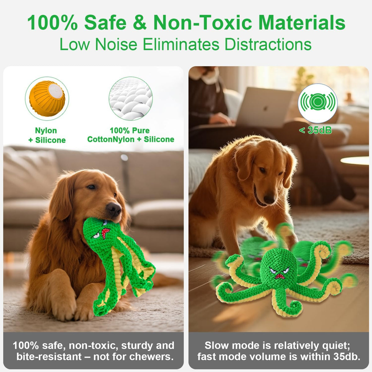 Interactive Dog Toys Octopus,Durable Automatic Jumping Dog Toy to Keep Them Busy,Squeaky Moving Tug of War Doggie Toy,USB Rechargeable,Not for Aggressive Chewers (Green)